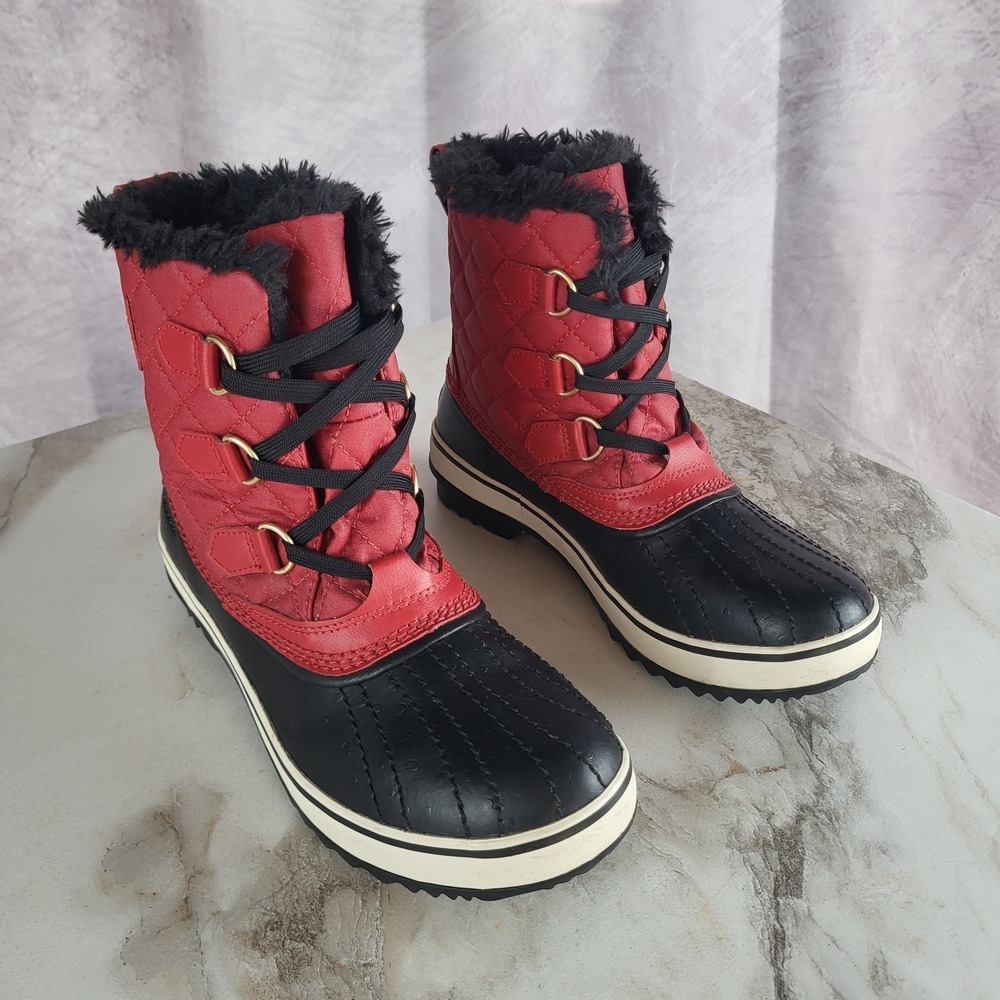 SOREL Tivoli II Quilted Faux-Fur Duck Snow Boots Red Black Women's Size 7.5